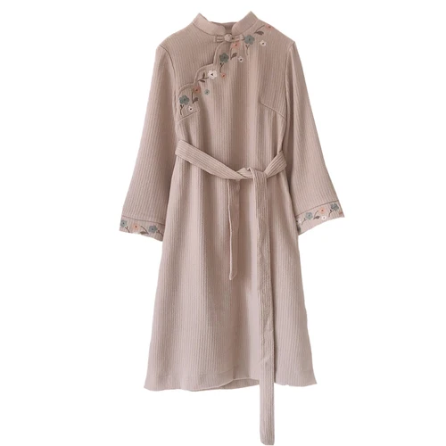Women Vintage Embroidery Cheongsam Collar Dress 2019 Spring New Hot Fashion Female Casual Long Sleeve Dresses With Belt | Женская одежда