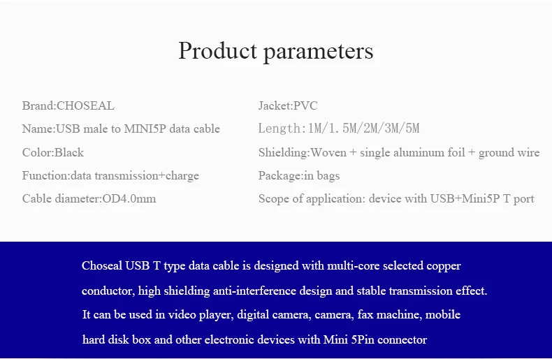 CHOSEAL USB 2,0 кабель для мини-usb кабель для синхронизации данных 5 Pin папа-папа провод для быстрой зарядки линия для жесткого диска камеры MP3 Mp4 плеер