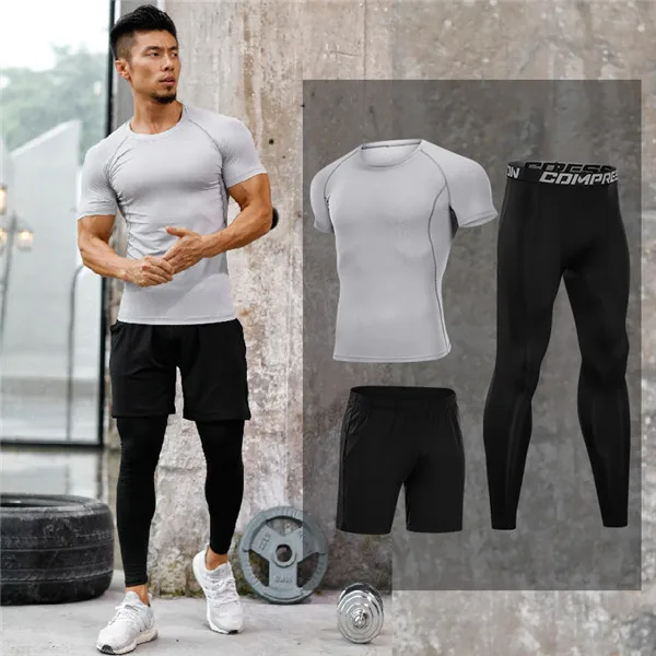 3pcs short set 01 Сжатия Для Мужчин's одежда для бега 3/4/5 шт./компл. быстросохнущая спортивные костюмы баскетбольные тайтсы одежда тренажерный зал Фитнес спортивной - Цвет: 3pcs short set 01
