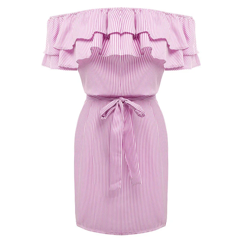 2017 женское платье в полоску с оборками и вырезом лодочкой летнее стильное