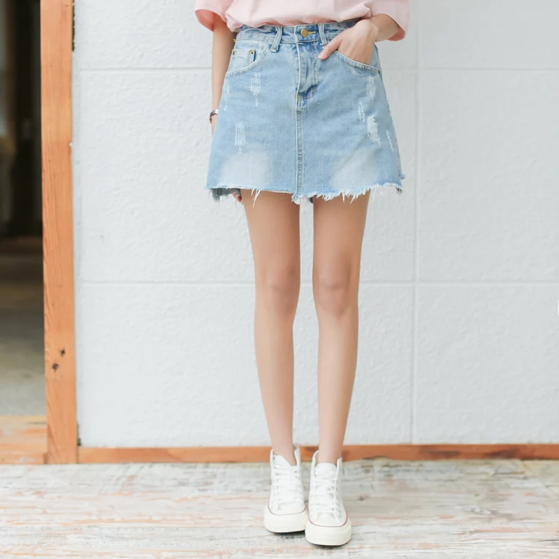 Пикантные Мини юбки Для женщин Новинка 2017 года Джинсовые RIPed короткие летние