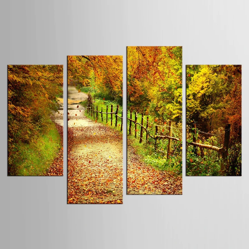 

4 pieces / set autumn Landscape Forest road Painting canvas art Home Decor Pictures on the Wall for living room
