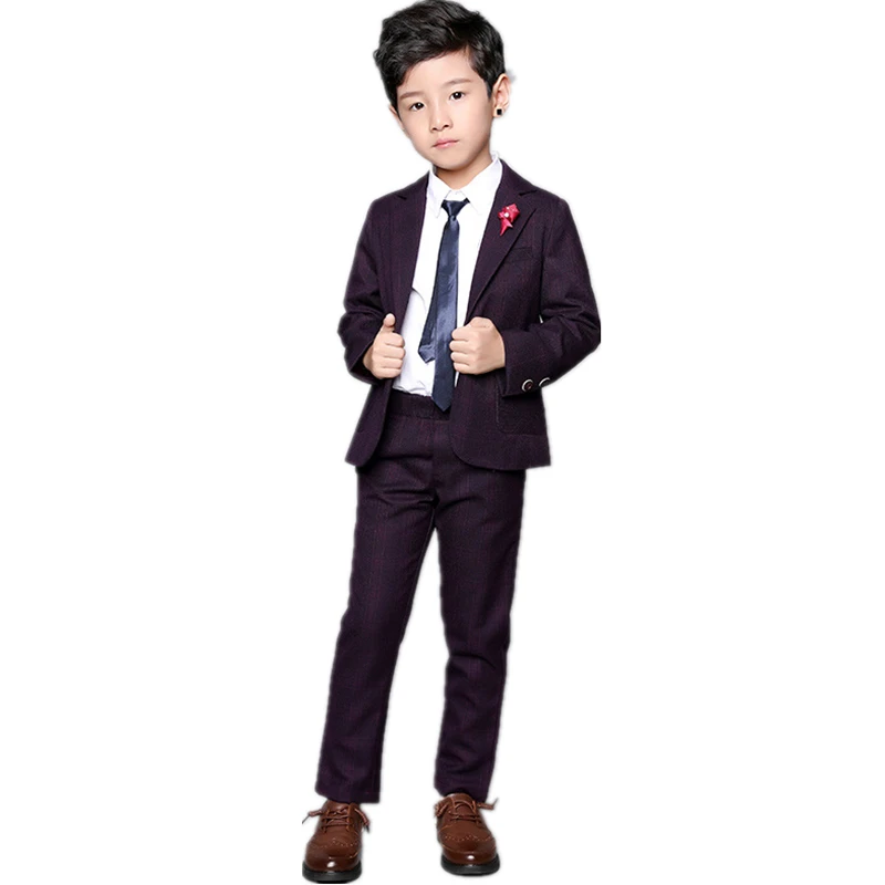 Fashion Boys Formal Plaid Wedding Suit New Kids England Style Blazer Pants 2pcs Set Children Birthday Performance Costume |