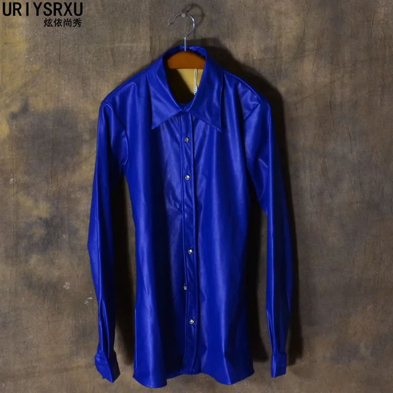 

S-3XL!!!Men's PU leather long sleeve shirt of cultivate one's morality men's leather stage costumes