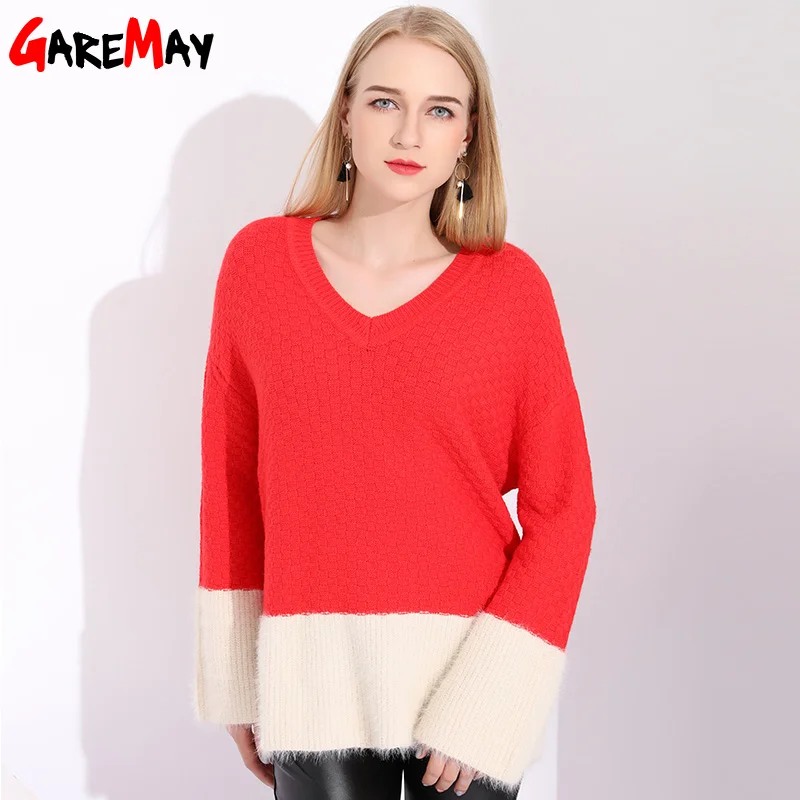 Garemay Women's Mohair Knitted Sweater Female Womens Oversized Sweaters And Pullovers V Neck Loose Patchwork Red | Женская одежда