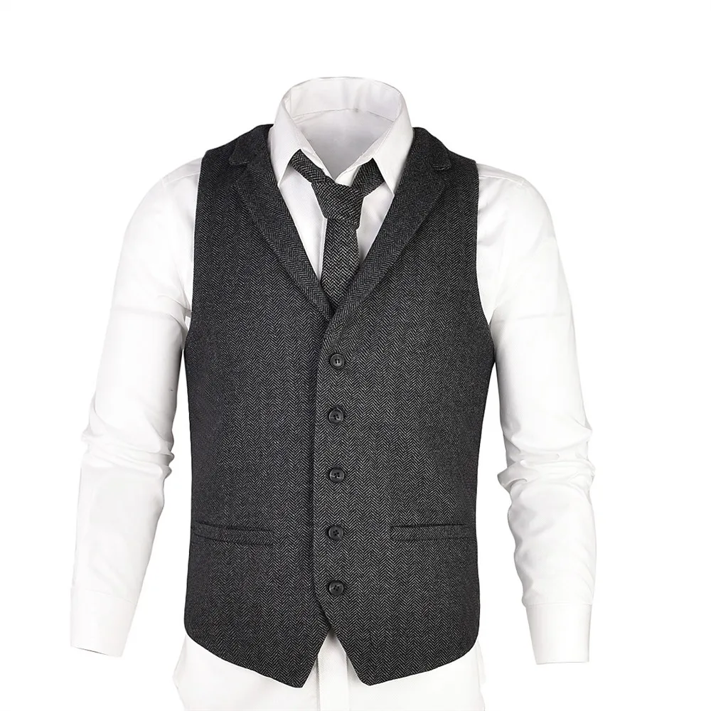 

VOBOOM Gray Woolen Tweed Suit Vest for Men Herringbone Slim Fit Premium Wool Blend Single-breasted Waistcoat 018