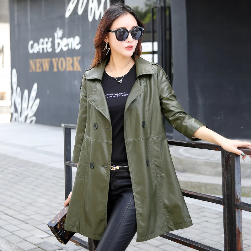 Женская кожаная куртка осень зима из искусственной кожи длинный дизайн