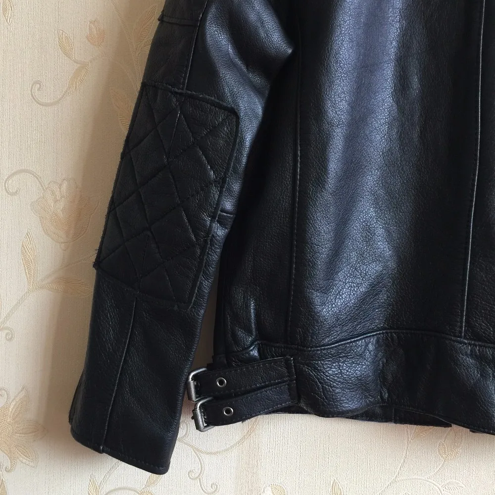 Винтажная Черная Мужская Байкерская кожаная куртка размера плюс XXXL из натуральной воловьей кожи Зимняя облегающая кожаная мотоциклетная куртка