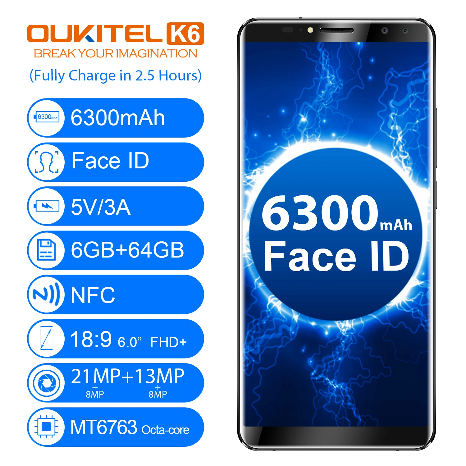 OUKITEL K6 NFC телефона Android отпечатков пальцев восьмиядерный смартфон 4G LTE Face ID 21.0MP 6300
