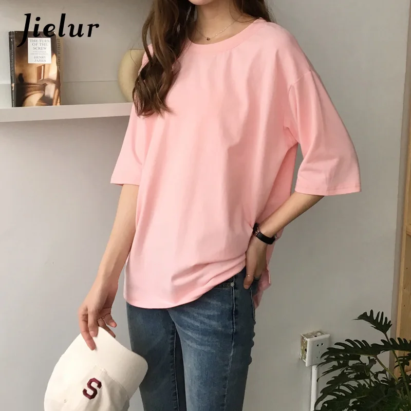 Розовый Jielur 10 карамельных цвет одноцветная Корейская футболка для женщин тонкие футболки Харадзюку женские свободные белые футболки летняя Прямая поставка футболки женские - Цвет: Розовый