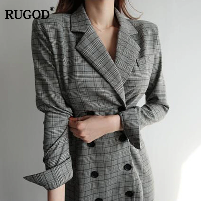 RUGOD Корейский пиджак Платье Офисные женские платья с запахом Мини плед