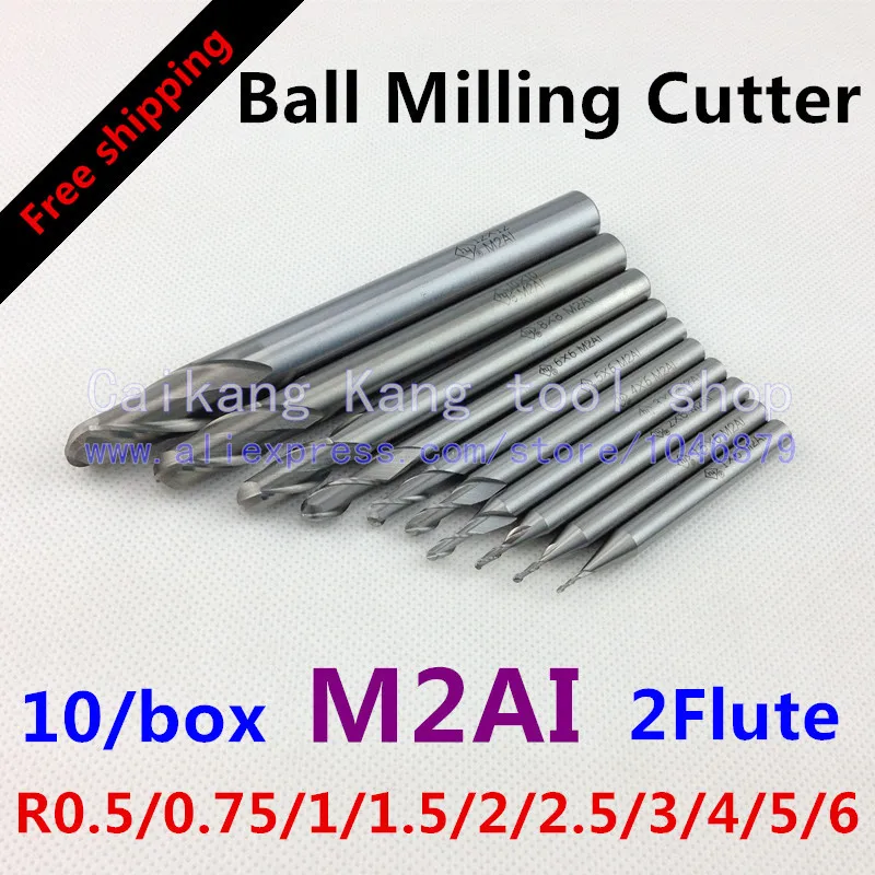 Free shipping 10/box set New 2flute M2AI dia R0.5/0.75/1/1.5/2/2.5/3/4/5/6 Ball end mills milling cutter machine tool CNC tools