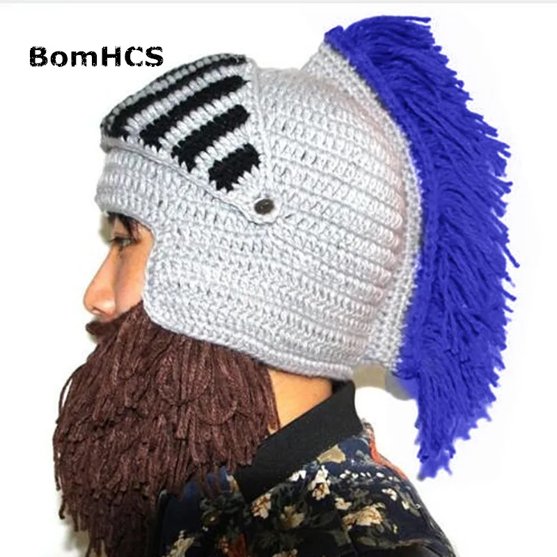 BLUE TASSEL BomHCS забавные зимние теплые шапки с бородой для косплея Римский рыцарь вязаный шлем оригинальные варварские шапочки ручной работы мужские шапки - Цвет: BLUE TASSEL