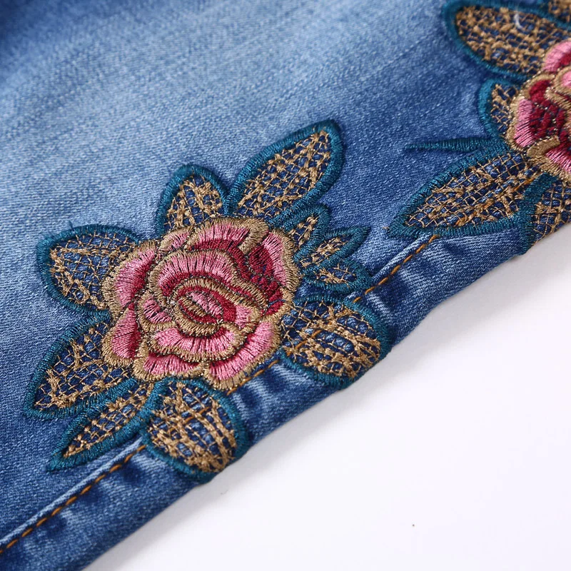 Более Размеры D вышитые Брюки для девочек стрейч Джинсы женщин женщина цветочным