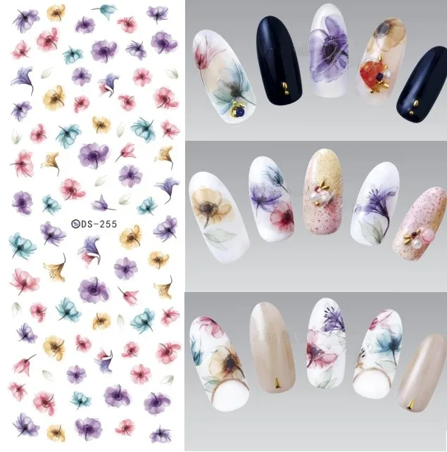 DS255 DIY переноса воды гвозди книги по искусству стикеры красочные фиолетовый Fantacy цветы наклейки на ногти Фольга Маникюр