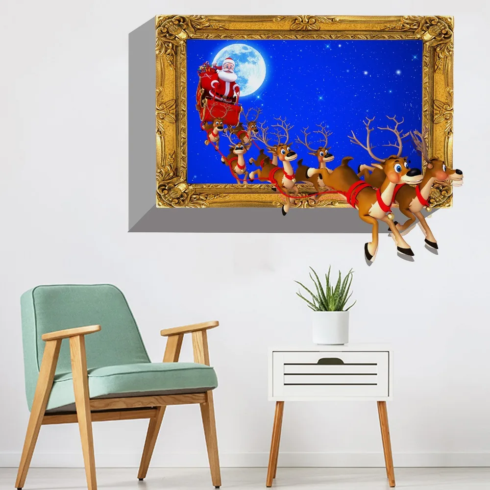 3D Новогодние рождественские настенные наклейки для ПЗУ Санта-Клаус с оленем
