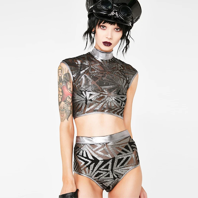2020 ночной клуб DS женщинам комплект нижнего белья в сеточку с блестками и DJ