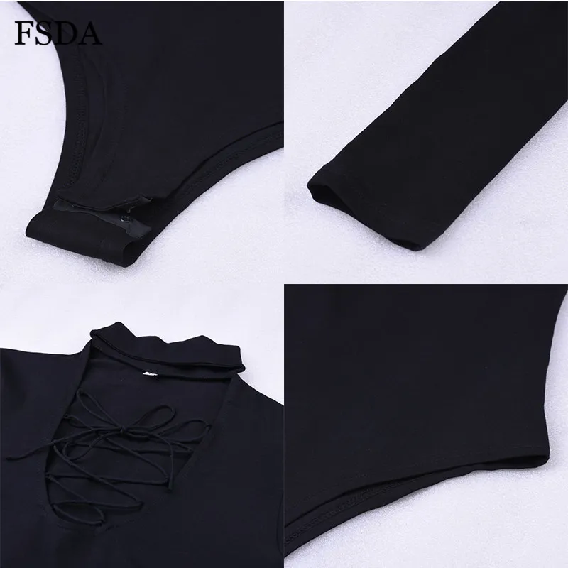 Женский хлопковый боди FSDA Черный Повседневный облегающий на шнуровке с длинным