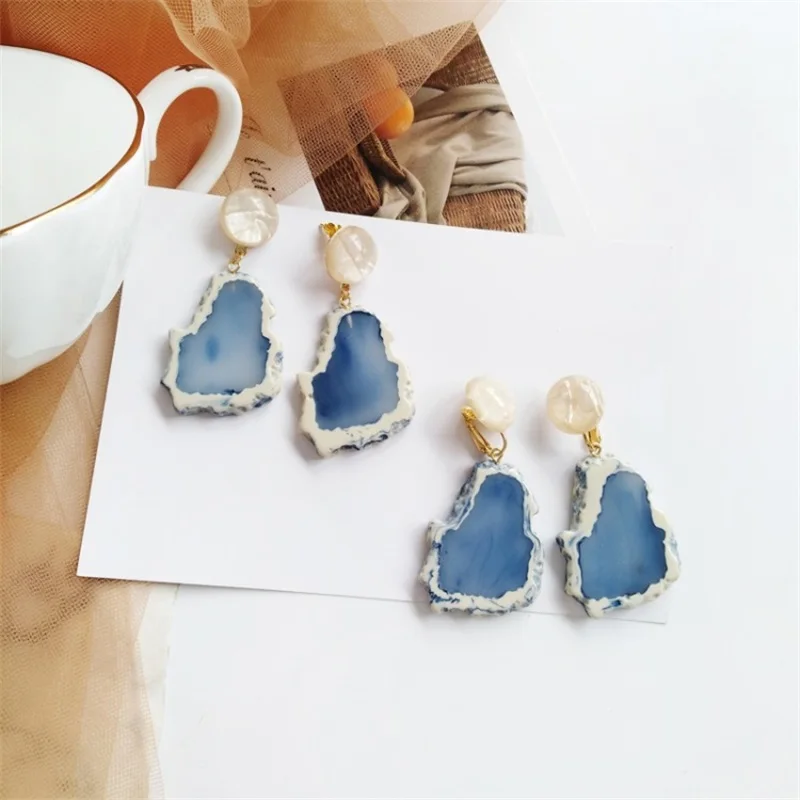 Fashion Geometric Round Acrylic Long Dangle Earrings Korean Creative Irregular Resin Ear Clips For Women Jewelry Accessories | Украшения и