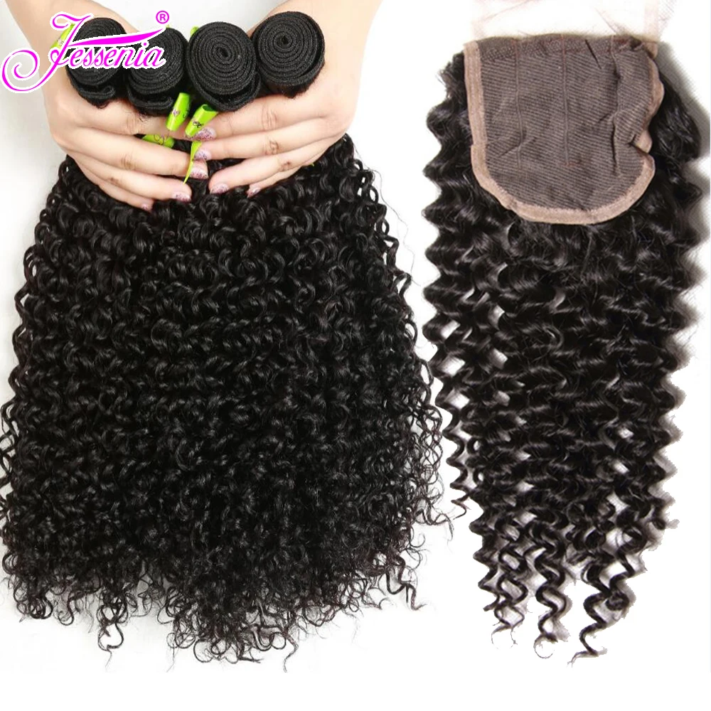 Натуральные Волосы Связки с 4*4 Кружева закрытия бразильские кудрявые вьющиеся