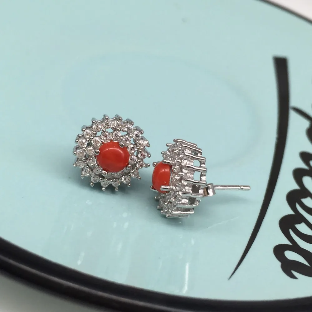 

KJJEAXCMY fine jewelry 925 silver inlaid with natural red coral and jewel earrings.