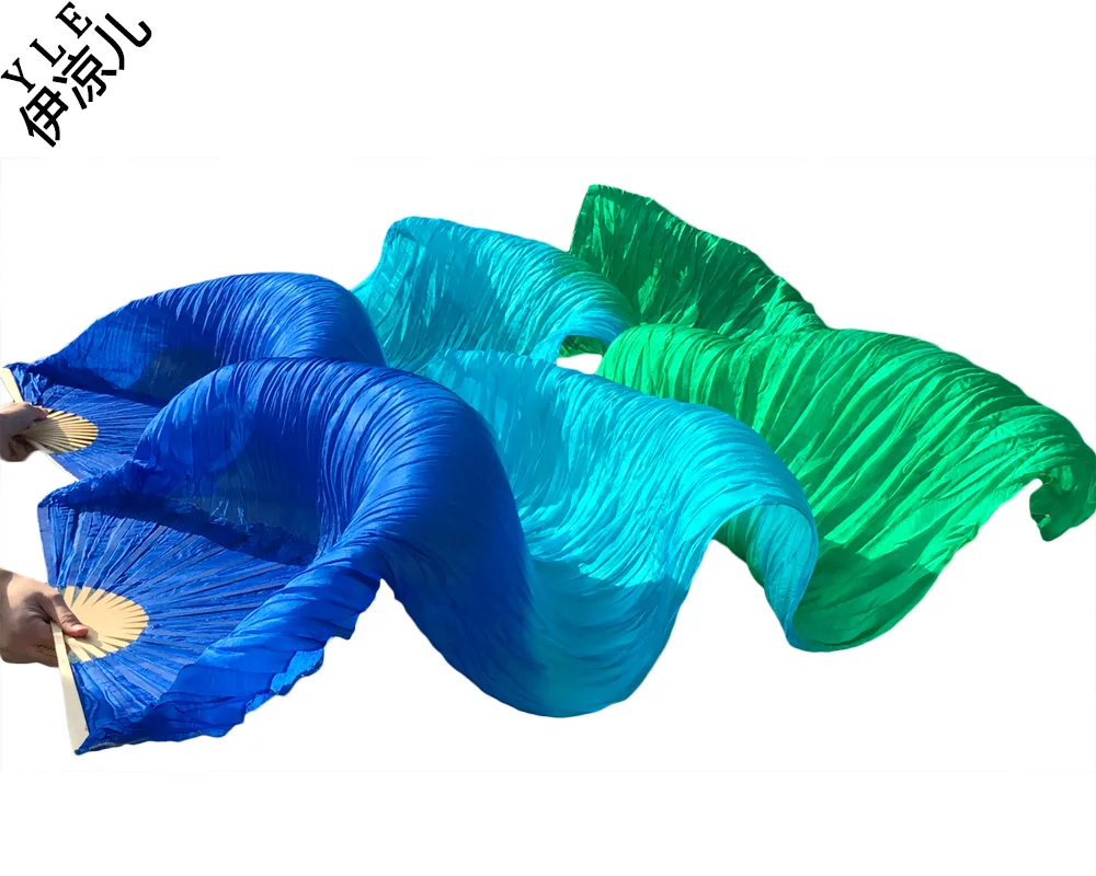 High selling 100% Real Silk Veils 1 Pair handmade women Quality Belly Dance Fan royal blue+turquoise+ green | Тематическая одежда