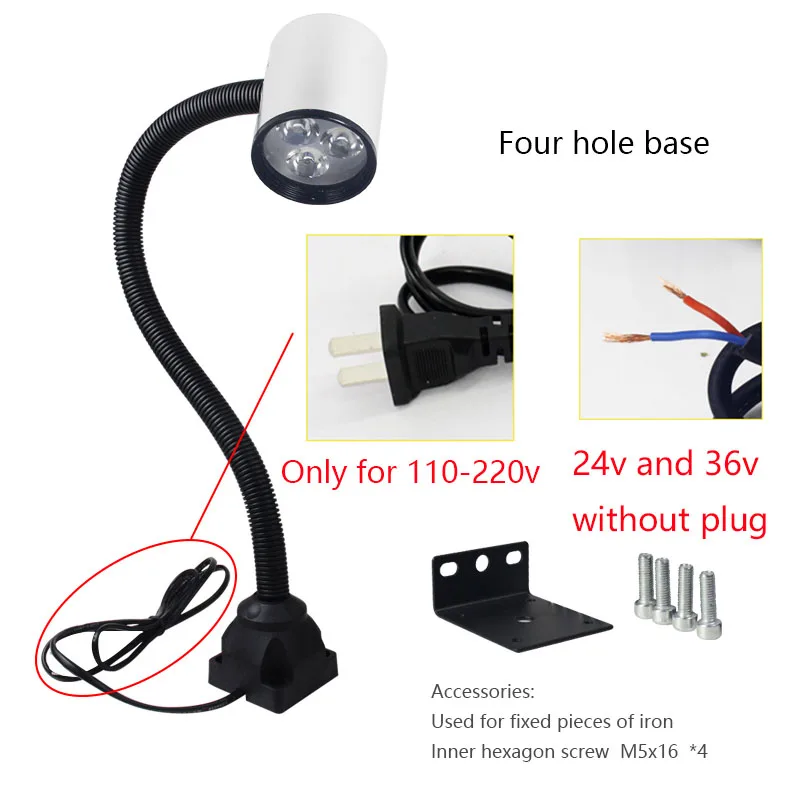 3W Four hole base Светодиодный светильник для станка с магнитными шланговыми лампами 24 в 36 В 220 В токарный станок с ЧПУ для гаража фрезерный станок Пробивной станок промышленный светильник ing - Цвет: 3W Four hole base