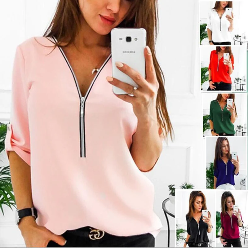 

2020 new spring summer women's T-shirts fashion medium long European and American zipper loose Long sleeve T-shirt Female S~5XL