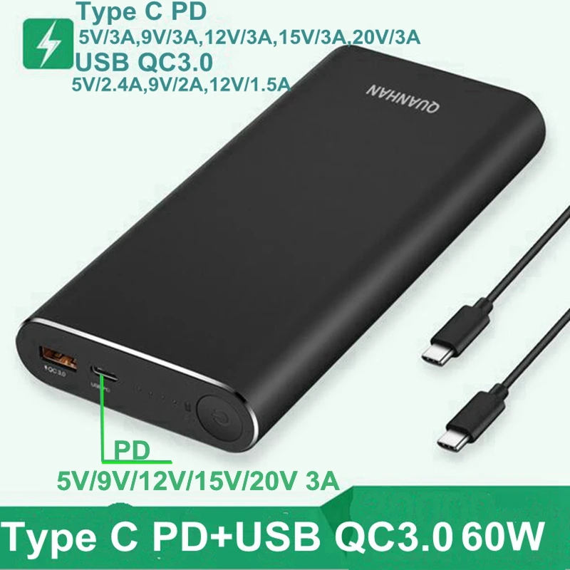 Мощность Bank 20000 mah QC 3 0 PD 45 W 60 для Macbook Pro Тетрадь samsung S9 iPhone XS Xiaomi внешний аккумулятор