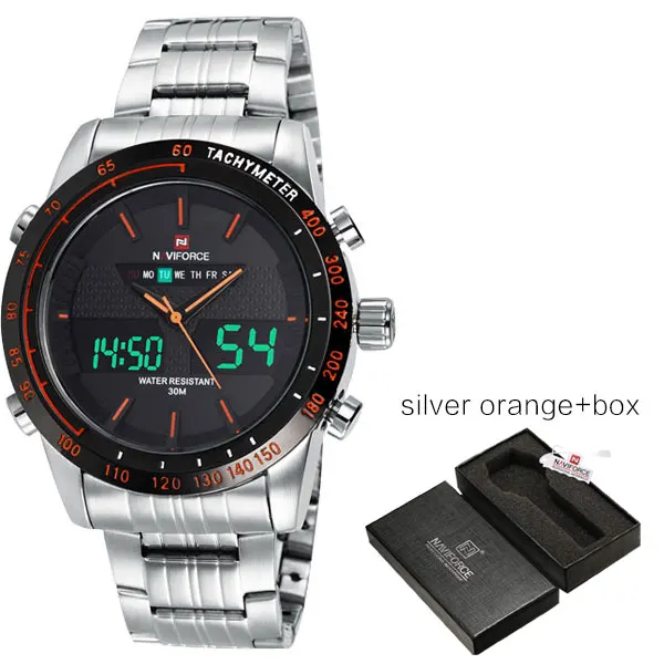 silverorangebox NAVIFORCE Брендовые мужские s 30 м водонепроницаемые спортивные часы, мужские Аналоговые Цифровые светодиодный часы из нержавеющей стали, часы с двойным временем, мужские часы - Цвет: silverorangebox