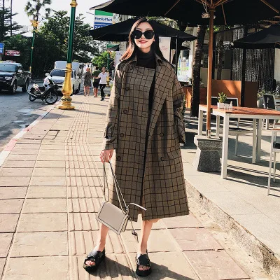 Women plaid long coat with belt casual windbreaker sleeve loose overcoat female outerwear autumn winter trench coats | Женская одежда
