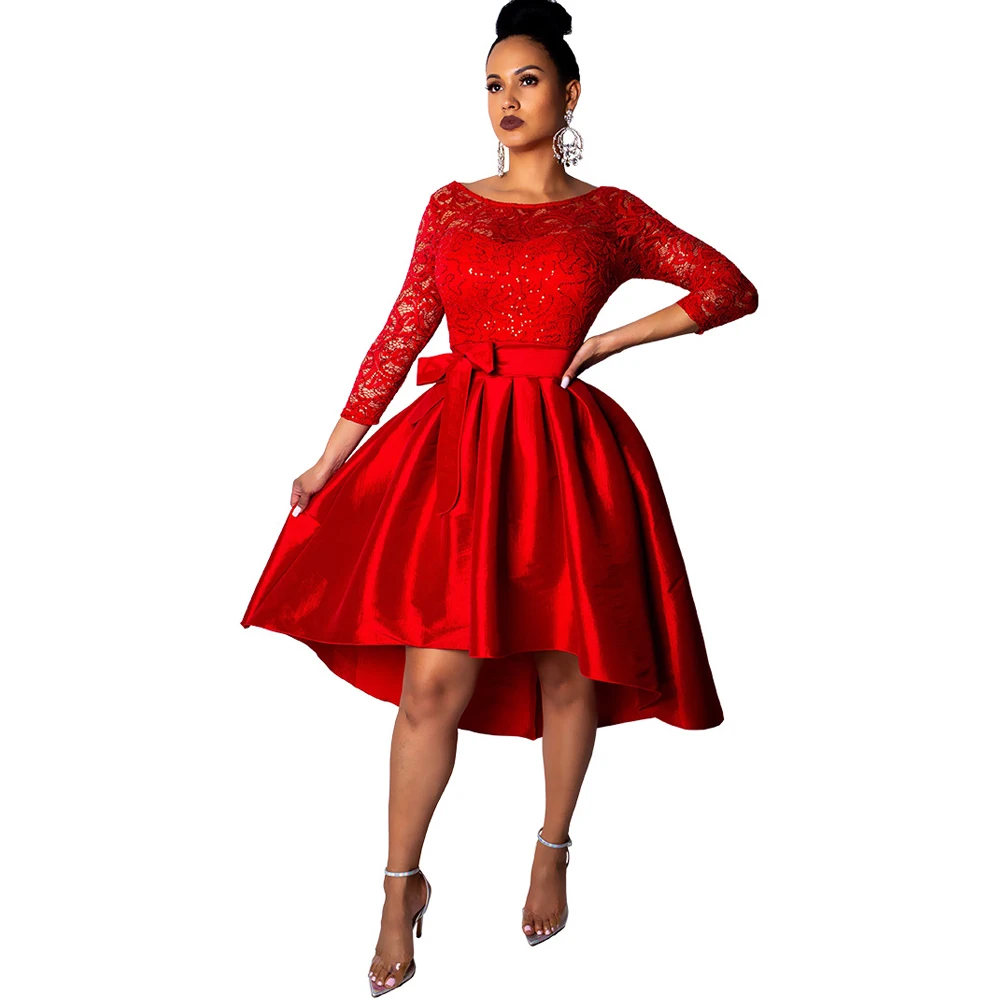 

2019 new women's lace sequin dress lace stitching dress black white dress