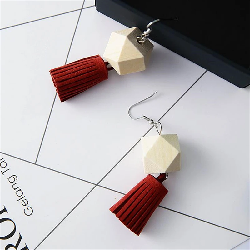 Doreen Box Wood Fashion Women Drop Earrings New Design Geometric Multi-faceted Velvet Tassels Hook Jewelry 1 Pair | Украшения и
