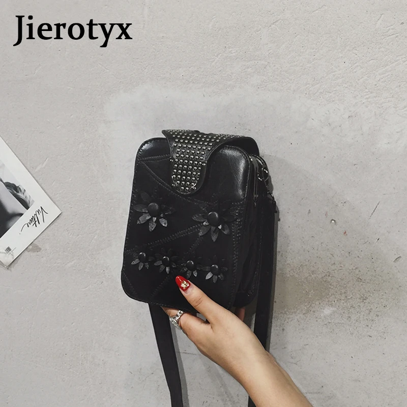 Женская сумка мессенджер JIEROTYX черная кожаная с заклепками в стиле панк|Сумки