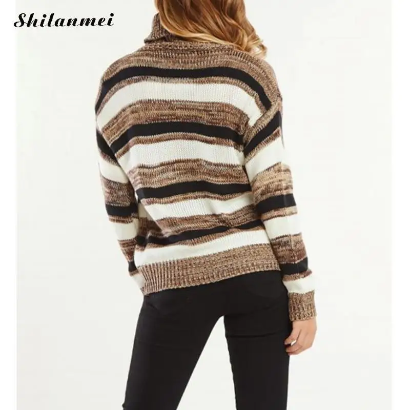 

Women Knitted Pullover Women Turtleneck Sweater Stripe Autumn Sweaters Fashion 2019 Winter Brown Striped Causal Sweater Jumper