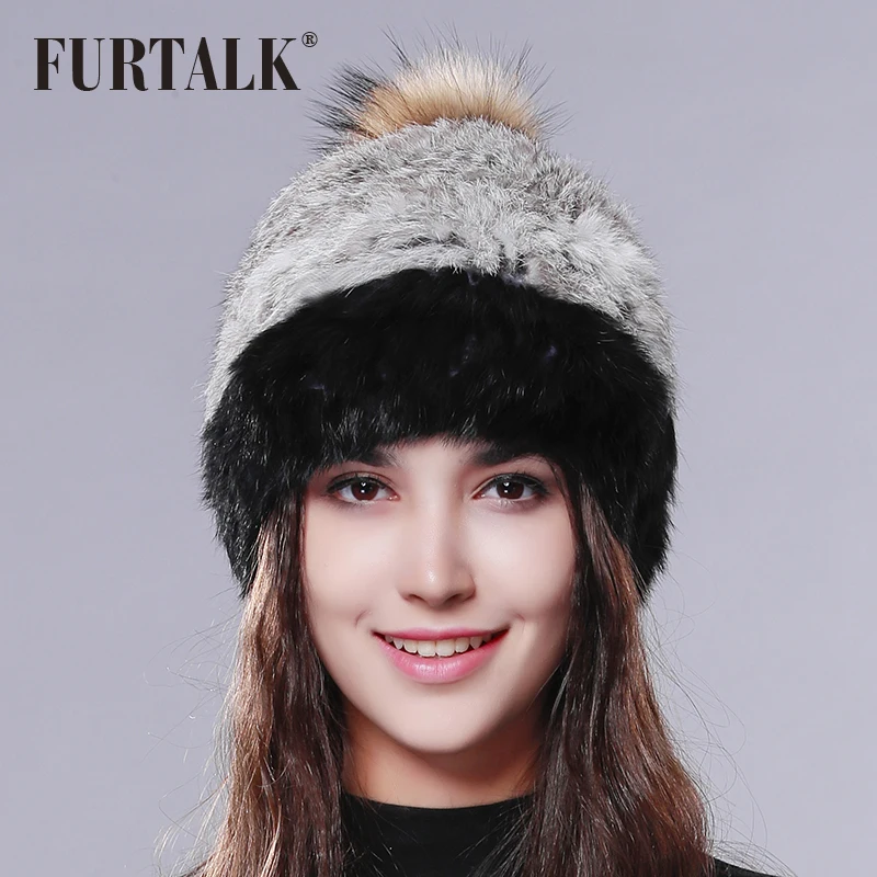FURTALK шапка женская настоящее кролик меховая зимняя теплые меха помпон шапка|pom pom