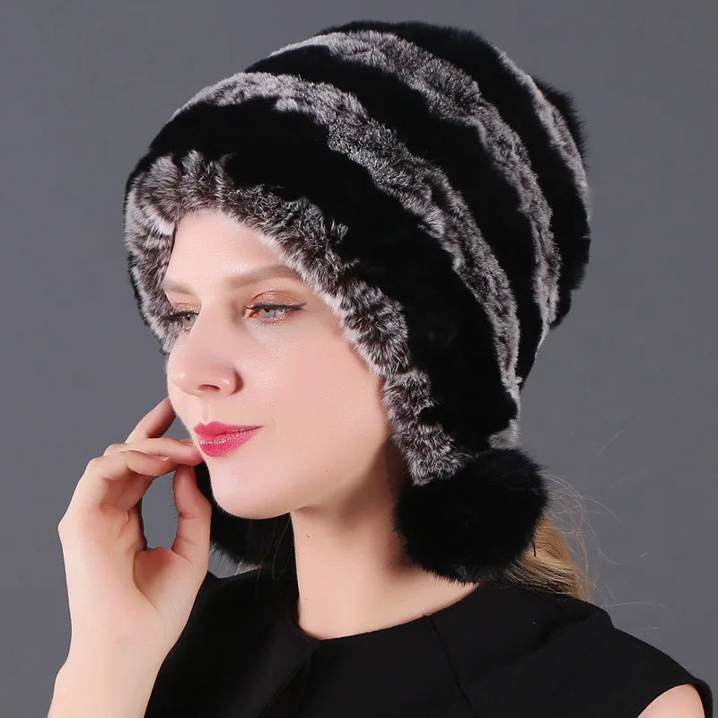 Style2 Трехшаровая Шапка-бини с защитой от ушей, женская шапка из кроличьего меха Рекс, осенне-зимние новые утепленные женские шапки с помпоном H7029 - Цвет: Style2