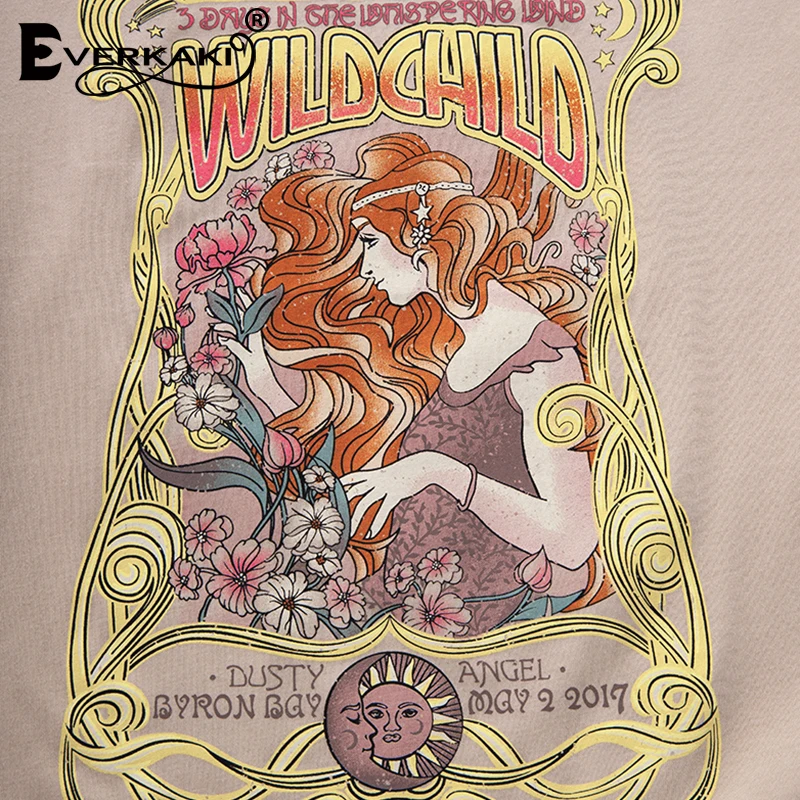 Everkaki Boho Gypsy Girl/футболка с принтом; топы из хлопка для диких детей; абрикосовый топ с круглым вырезом в богемном стиле; женские футболки; Новинка года; сезон весна-лето