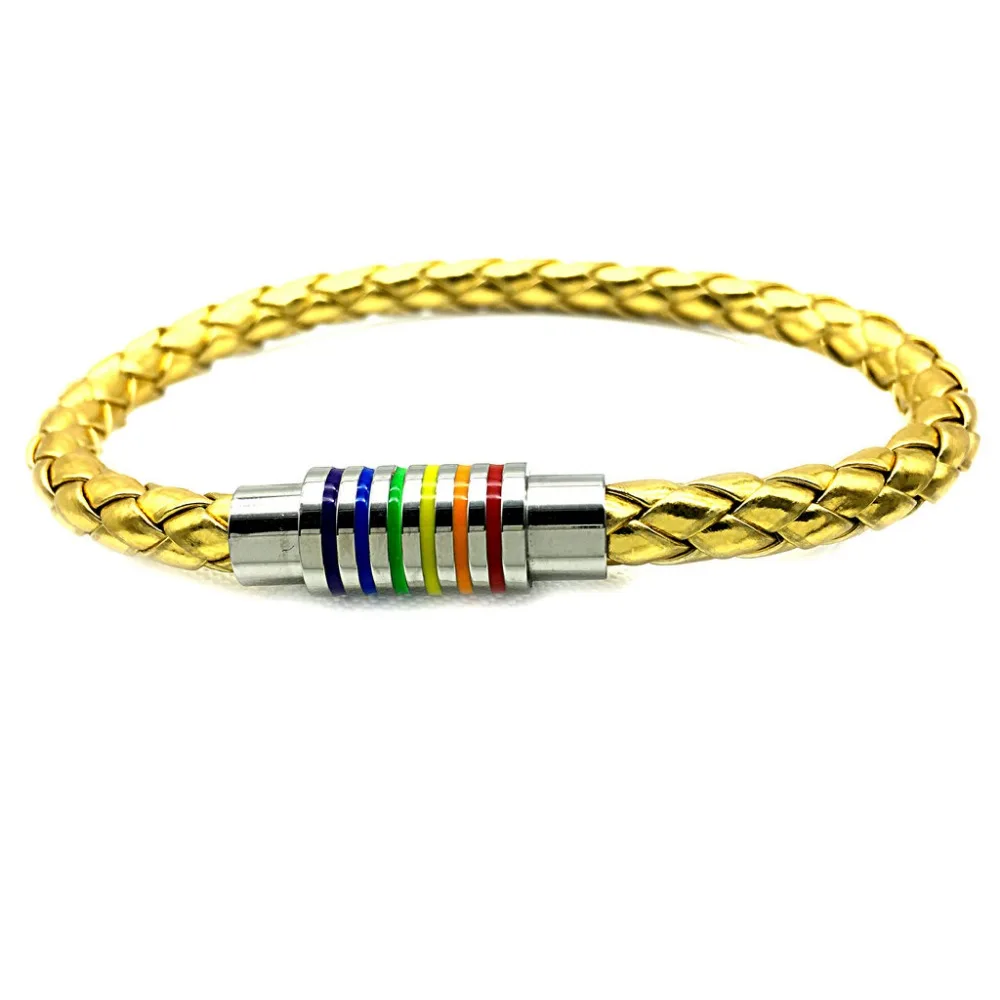 

Golden Leather Rainbow StainlessSteel Magnet Buckle Bracelet Gay Pride Bracelet With Stainless Steel Accessories Male Jewlery