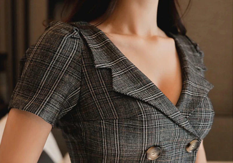 Новинка 2018 двубортное клетчатое платье карандаш с отложным воротником женские