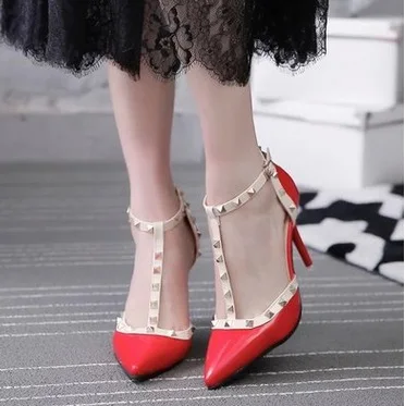 Lady's Sexy Hot Sell T-strap Rivet Nigh Club Plus Size 40 Pointy Narrow Toe Buckle Strap High Heels Women Pumps Stilettos Sandal | Обувь