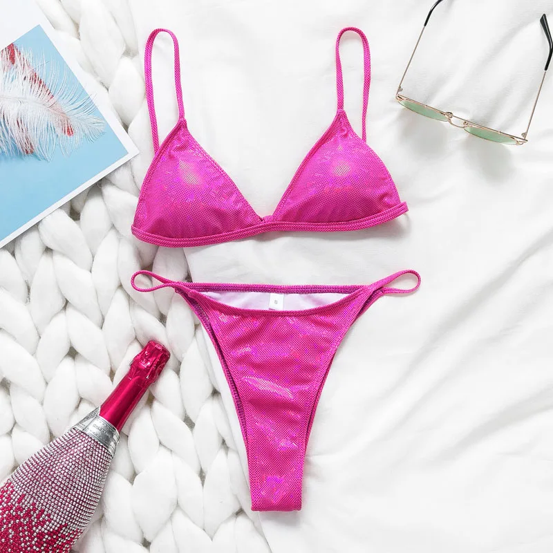 Неоновые стринги бикини микро-топ треугольный купальник с пуш-апом женский