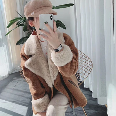 Brown Женское пальто из натурального меха ягненка, одежда, новая мода, Корейская куртка из короткой овечьей шерсти размера плюс, Короткие стильные шерстяные пальто для женщин - Цвет: Brown
