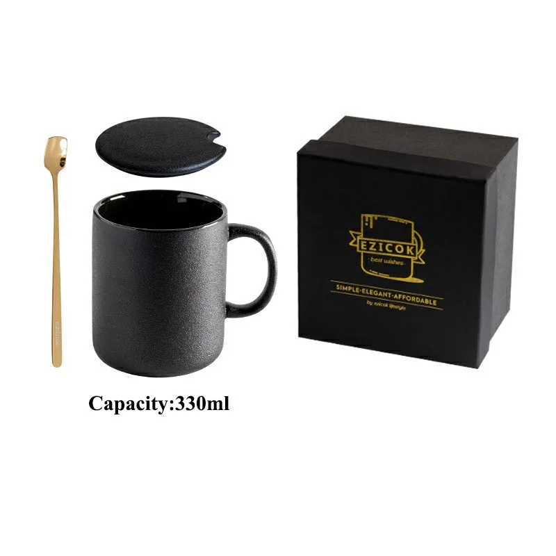 A(with the gift box) 330 мл японский стиль Черная керамическая кружка офисная чашка для кофе с молоком с крышкой металлическая ложка Подарочная коробка винтажная грубая Керамика Посуда для напитков - Цвет: A(with the gift box)