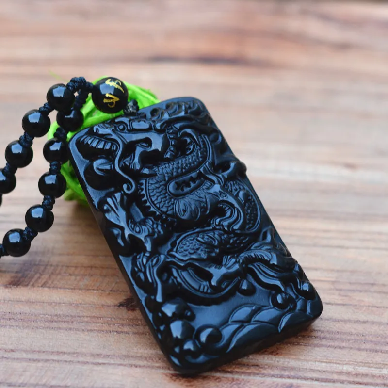 

Natural Black Obsidian Stone Pendant Chinese God Beast Dragon Pendant Necklace Lucky Amulet Men's Jewelry Free Rope