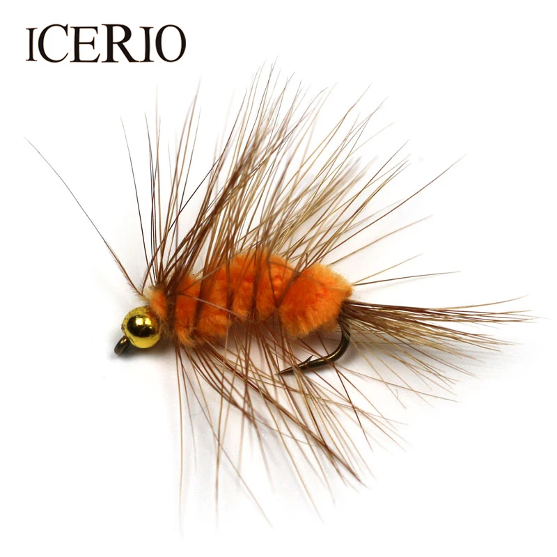 

ICERIO 10 шт. Шариков головы коричневого хакла оранжевого шерстяного червя жука нахлыстом приманки для ловли форели #10