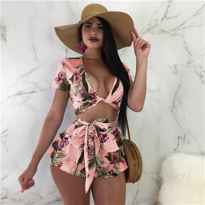 orange pink Adogirl тюли Лето Женский комплект 2 шт. сексуальный глубокий v-образный вырез галстук спереди короткий рукав укороченный топ шорты с оборками пляжная одежда - Цвет: orange pink
