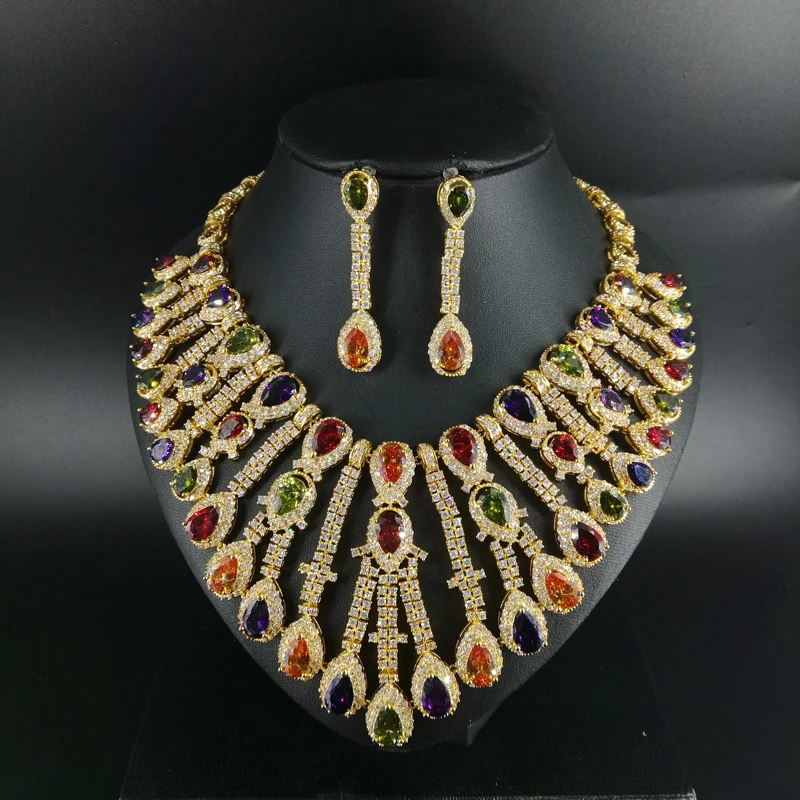 Комплект из колье и серёг с разноцветным Цирконом|necklace earring set|wedding necklace setsparty jewelry |