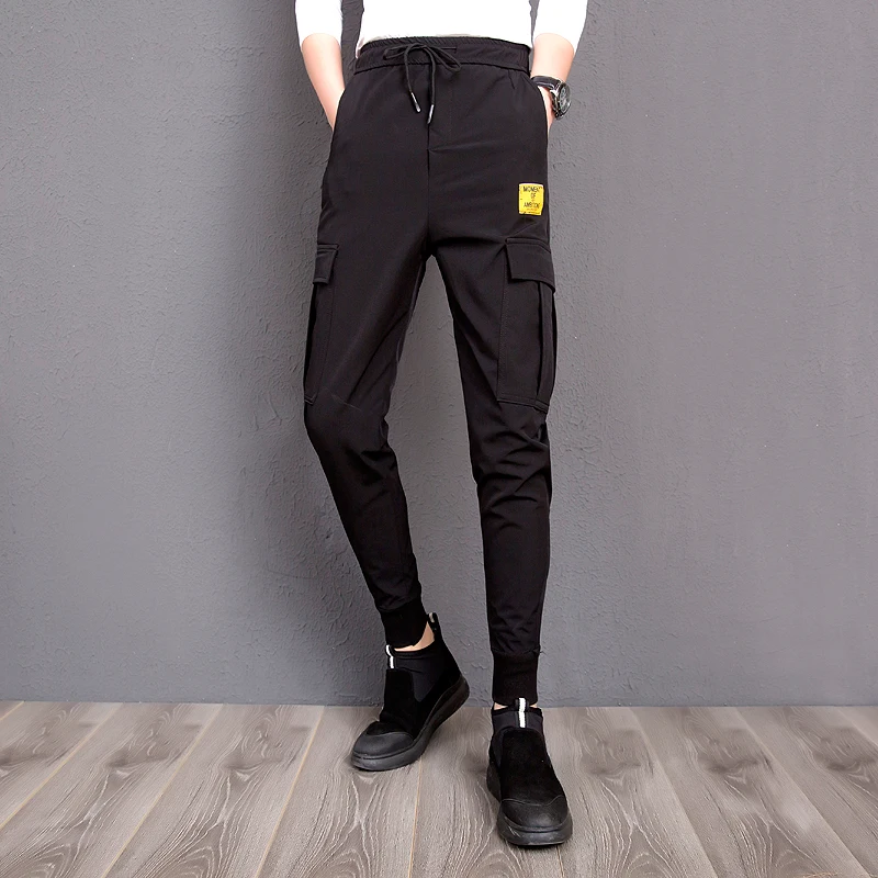 Для мужчин брюки Slim Fit боковые карманы патч черные брюки Мужской Повседневное работы уличная Костюмы модные мужские Штаны для бега