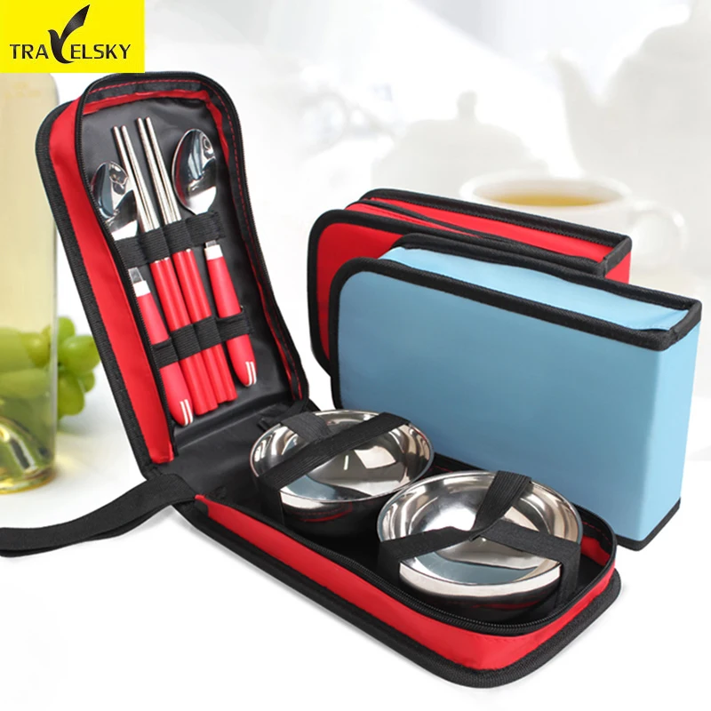 Travelsky 1/2/4 Outdoor Tableware Portable Eco Family Picnic Steel Bowl Spoon Chopsticks Stainless Camping Tablewear Set bags | Спорт и